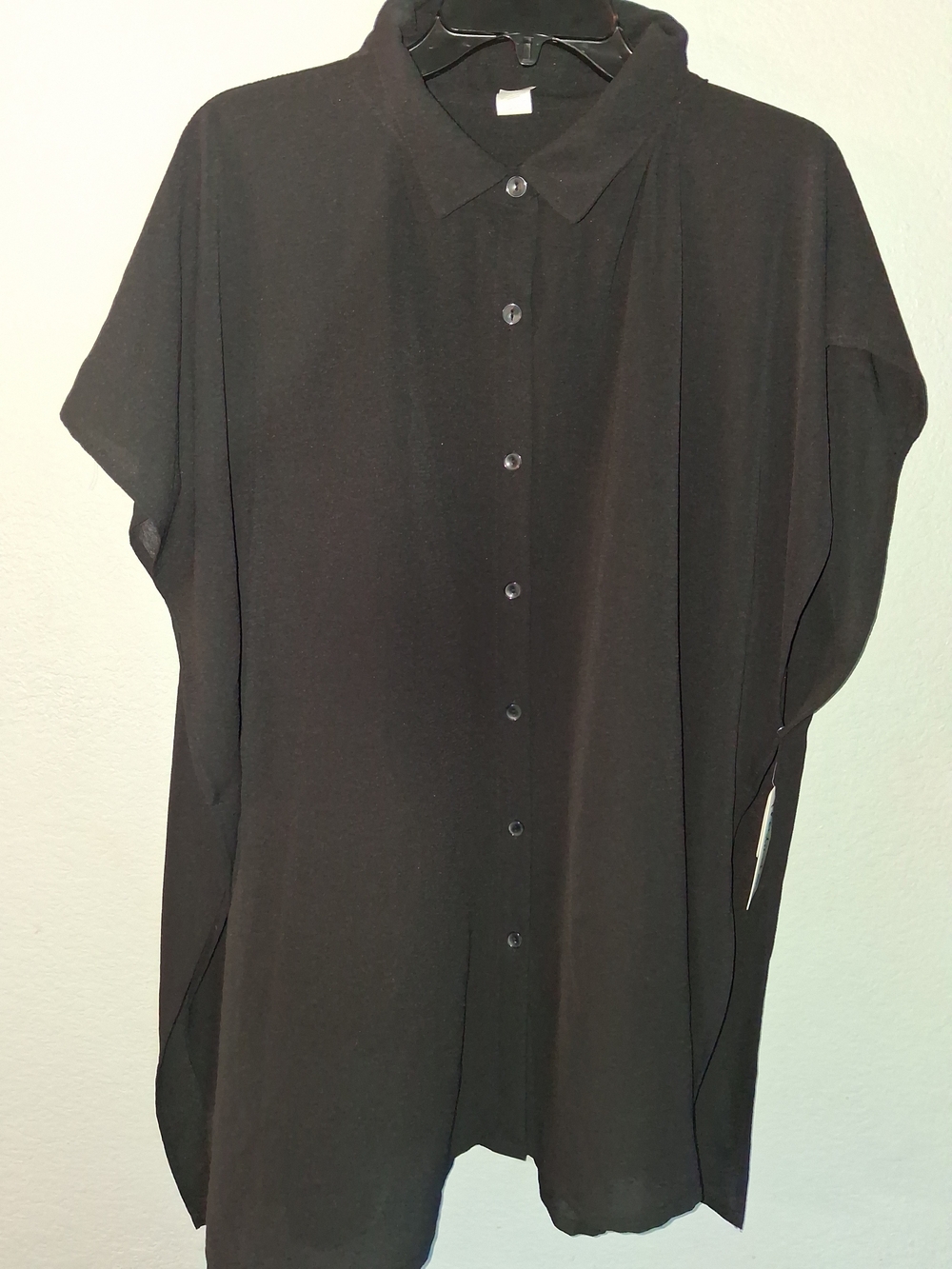 Women's Black Button-Front Blouse with Short Dolman Sleeves